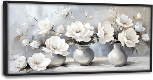 Large Farmhouse Floral Wall Art for Living Room, Framed Oversized White Flower Vase Wall Decor Grey Floral Canvas Painting Pictures Modern Artwork for Bathroom Bedroom Office Dining Room 60"x30"