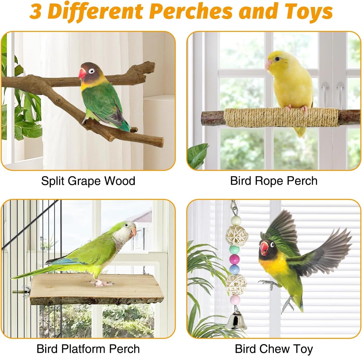 kathson 5pcs Natural Parrot Perch for Cage Wooden Bird Perches Grape Bird Stick Parakeet Climbing Standing Branches Toy Chewable Cage Accessories for Small Budgies Cockatiels Lovebirds