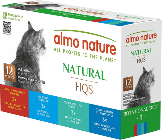 Almo Nature: HQS Natural Cat Pack 2 - (12) 2.47oz Can, Adult Cat Wet Canned Food - 3 Each: Atlantic Tuna, Mackerel, Trout & Tuna, Chicken & Shrimp