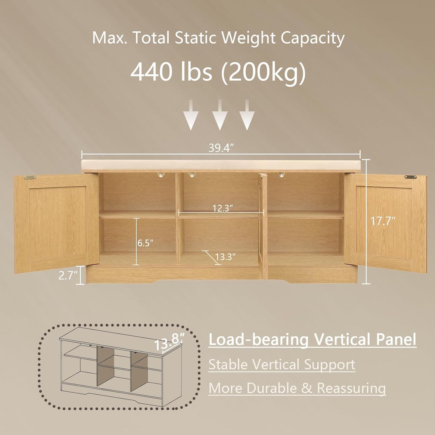 DINZI LVJ Shoe Bench, Entryway Storage Bench with Doors, Cushion, 2-Tier Shoe Rack with 6-Cubby, 39.4”L x 13.8”W Shoe Organizer Cabinet, Adjustable Shelf, Living Room, Bedroom, Natural