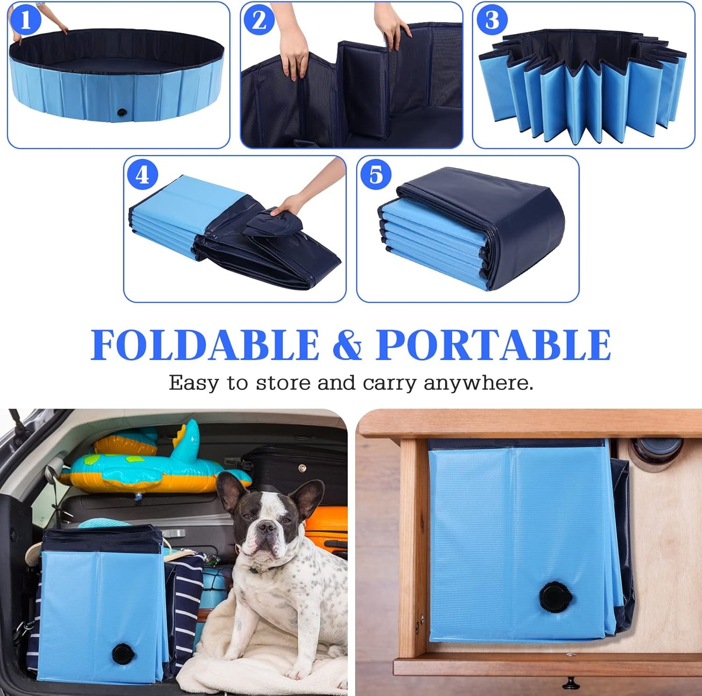 Foldable Dog Bath Swimming Pool Plastic Kiddie Pool Professional Tub Collapsible Grooming Bathtub for Pets Kids Baby and Toddler, 39.5 x 12 Inches Blue