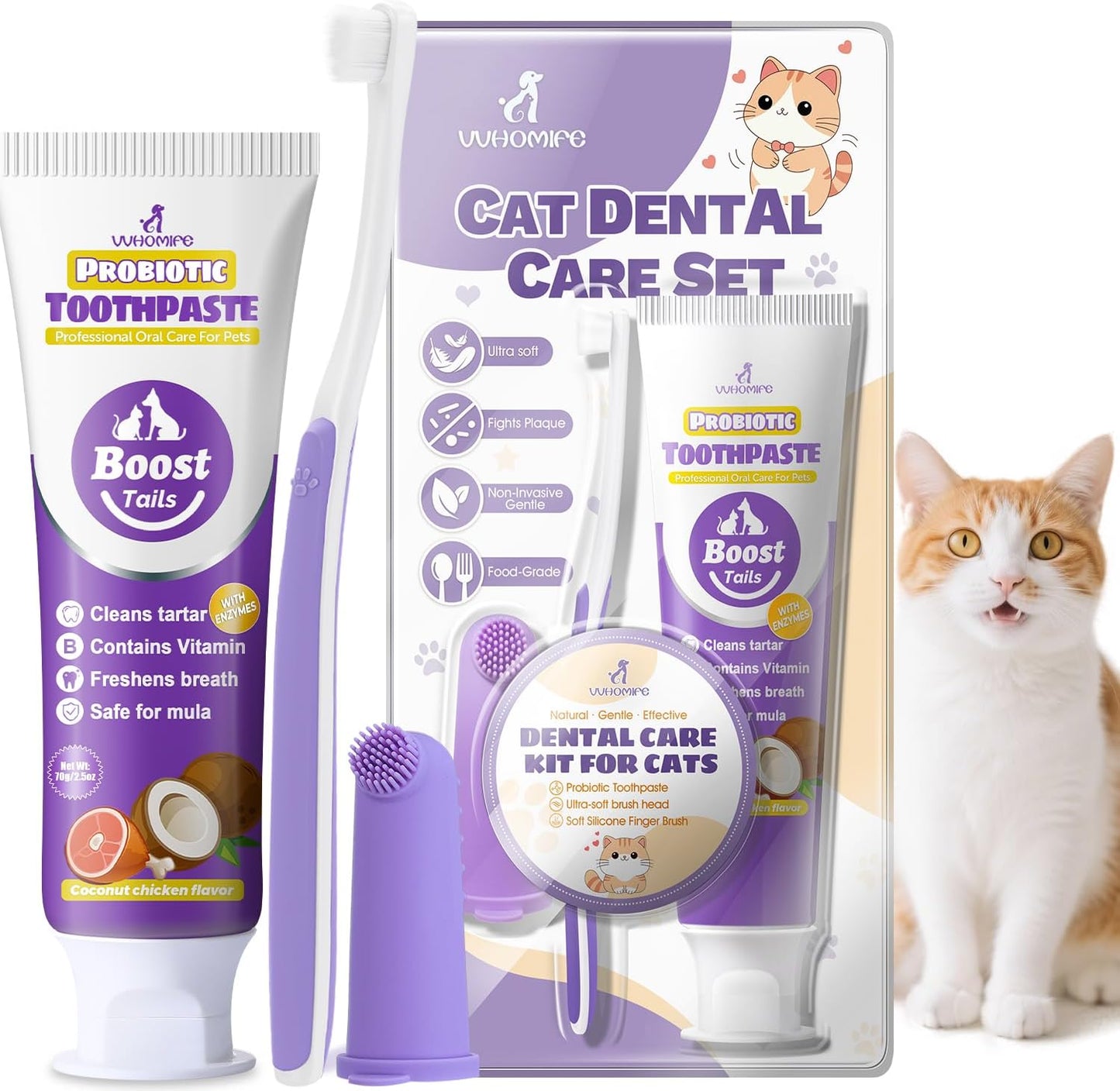 Cat Toothbrush and Toothpaste Kit - Includes Toothpaste (Coconut Chicken 2.5 oz.) Soft Brush, Finger Brush - Provides Safe and Effective Oral Care for Kittens and Adult Cats