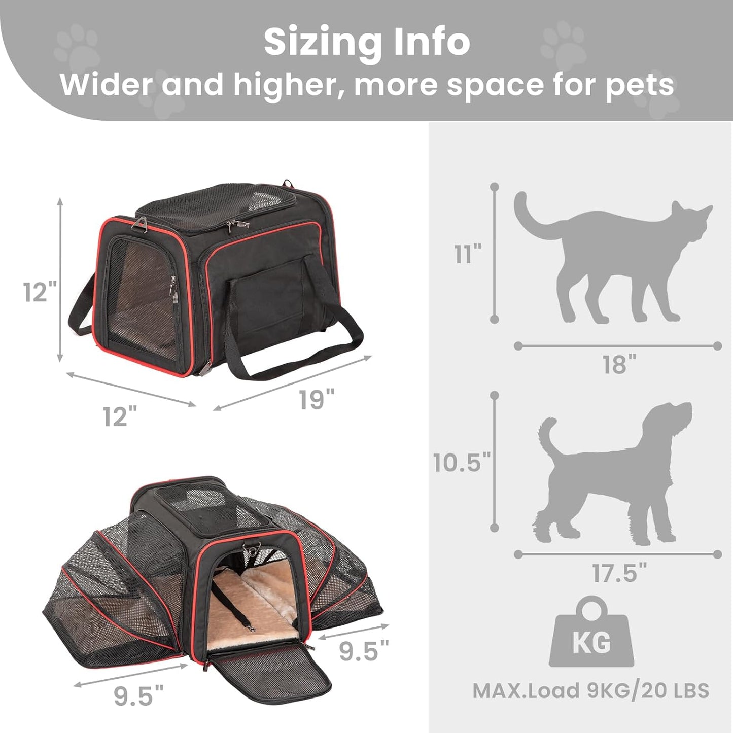 Petsfit Expandable Cat Carrier Large for 2 Cats, Soft-Sided Pet Carrier, 19x12x12 Inches, 2 Extensions for Adding Comfort, Fit for Pet Up to 15 Lbs, Black