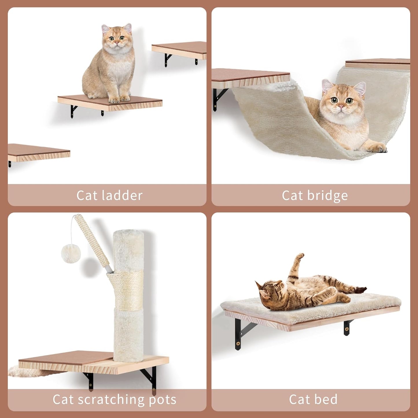 Wall Mounted Cat Climber Set, Cat Wall Shelves,Cat Wall Furniture Set,with Hammock,Jumping Boards,Sofa,Steps,Scratching Post,Hanging Ball and Felt Pads, Suit for Cats Climb, Jump,Scratch-Beige