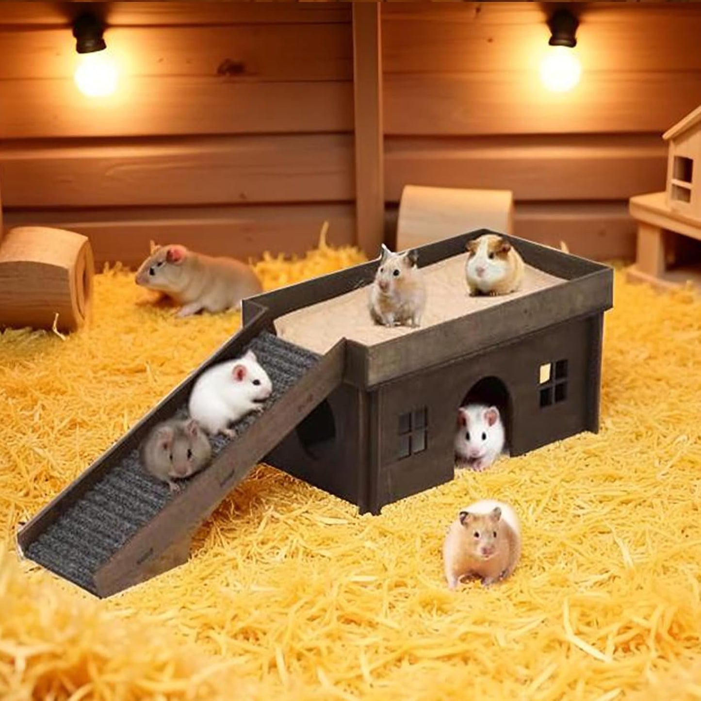 Guinea Pig Hideout, Upgraded Guinea Pig Castle House, Wooden Rabbit Hideout, Guinea Pigs Hideouts and Houses, Large Bunny House, Small Animal Chinchilla House Habitats with Stairs