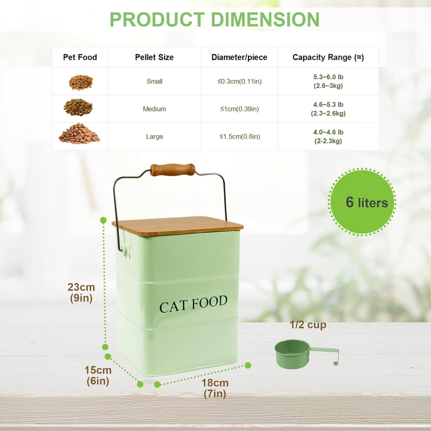 Cat Food storage container Cat Treats Jar,5~6 lb Metal food treats tin for Cat, pet snacks Canisters with wooden lid/handle/sevice scoop-Green