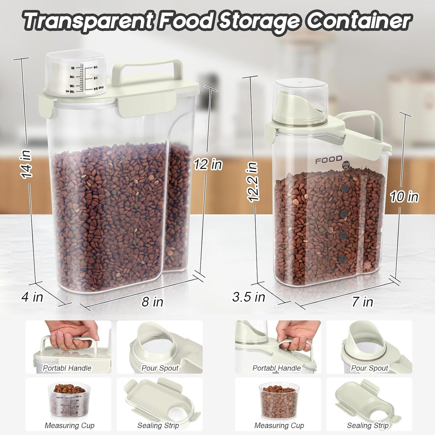 Dog Food Storage Container, Upgraded Large Nozzle BPA-free, 8-12 LBS Plastic Pet Food Storage Containers, With 4 Sealed Clasps, 1 Measuring Cup and Handle (2, Beige (3L+5L), (3L+5L))