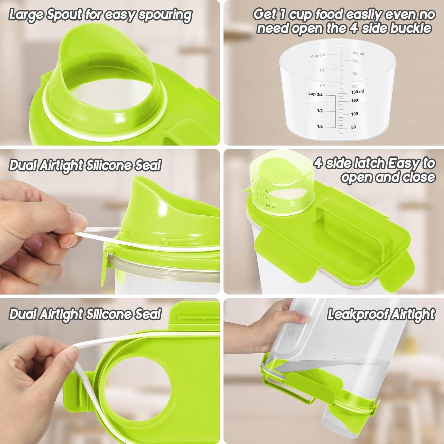 5-7Lbs Cat Dog Storage Container, Portable Pet Food Containers with Upgraded Large Spout and Cup, Small Animal Kibble Dispenser for Bird Seed, Oatmeal, Rice, Flour (1, Bright Green, 5L)