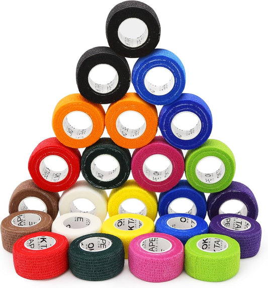 OK TAPE Self Adherent Cohesive Bandages Wrap - 24Packs, 1" x 5 Yards, Non-Woven Self Adhesive Bandage Wrap for Thumb, Finger, Wrist, Ankle, Vet Wrap Bandages Tape (Mixed Colors)