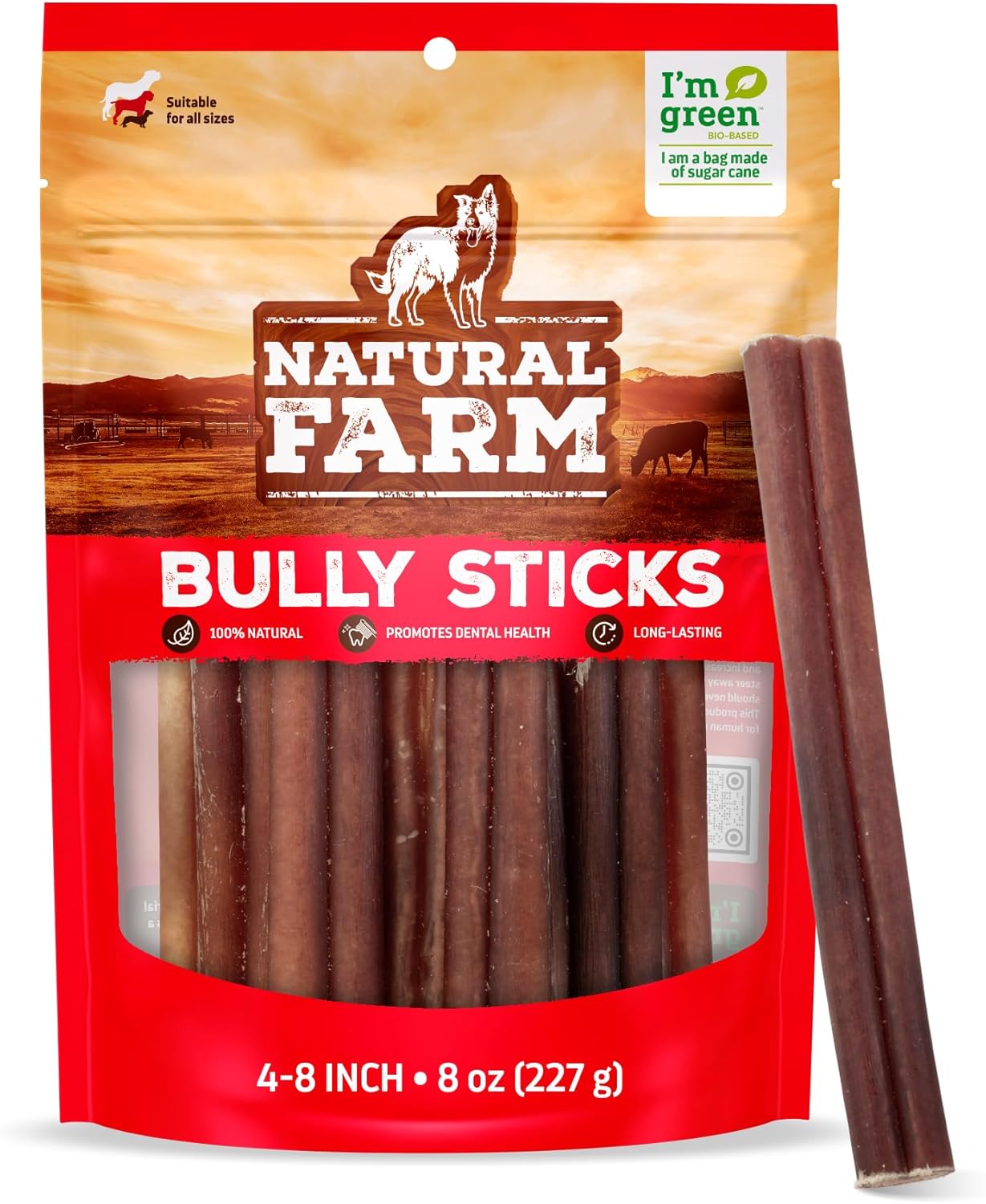 Natural Farm Odor-Free Bully Sticks (4-8”, 8oz) All-Natural Long-Lasting Chews, 100% Beef Pizzle, Grass-Fed, Grain-Free, Hormone-Free, Protein for Muscle Development & Energy, Perfect for Medium Dogs