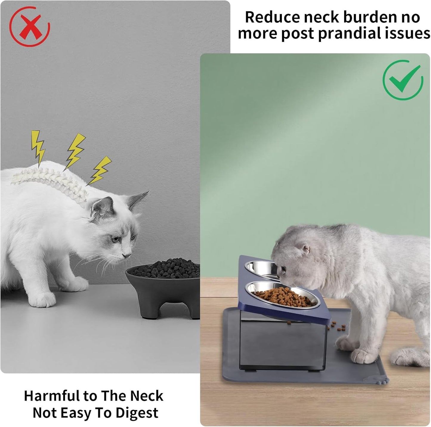 Upgraded Elevated Cat Bowls with Food Mat,15°Tilted Stand Anti Vomiting Raised Cat Dishes for Food and Water,2 Stainless Steel Bowls for Cats and Puppies（Navy Blue）