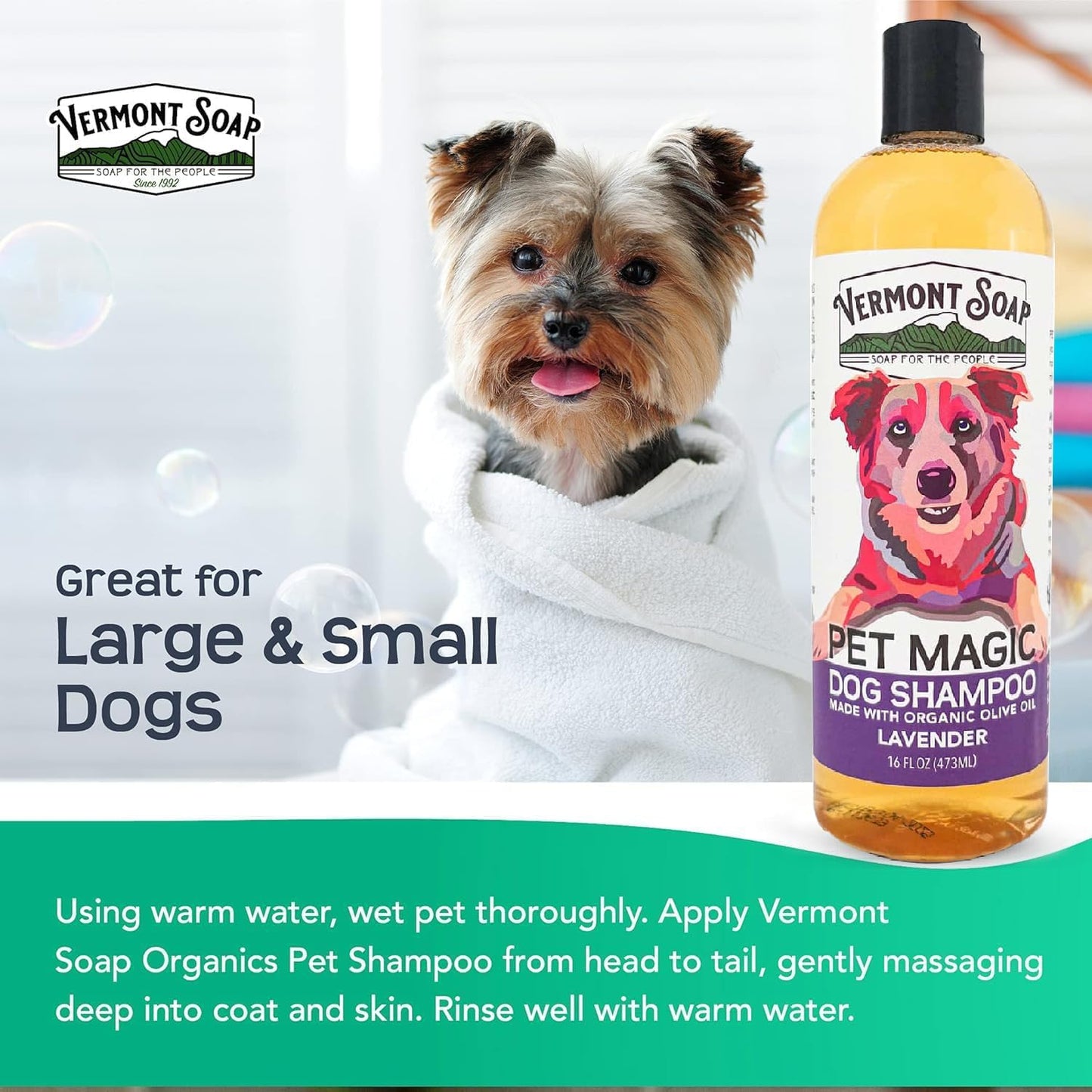 VERMONT SOAP Organics Pet Shampoo - Infused with Organic & Natural Olive Oil, Coconut & Aloe Vera Dog Shampoo for Sensitive Skin - USDA Certified Grooming Pet Shampoo - Lavender (16oz)