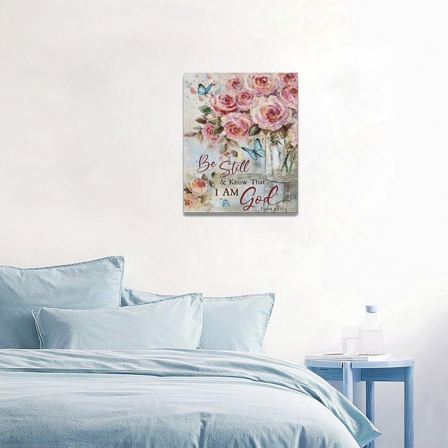 Farmhouse Rose Wall Art Christian Scripture Pictures Pink Rose Wall Decor Rustic Floral Butterfly Canvas Print Painting Artwork for Bathroom Living Room Bedroom 16"x20"
