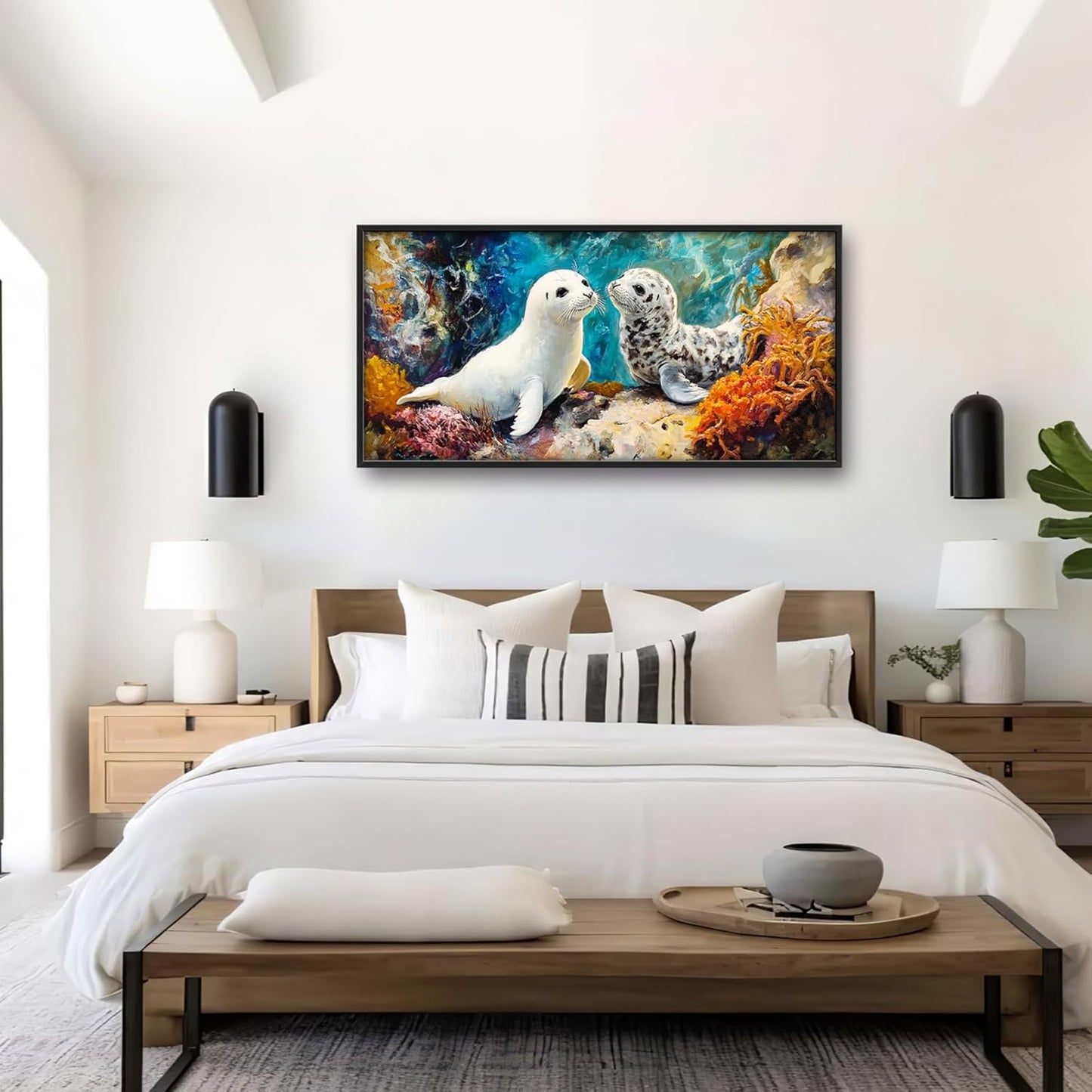 Extra Large Seal Framed Wall Art for Living Room,Oversized Underwater Animal Pictures Wall Decor,Ocean Coral Reef Canvas Print Painting Modern Artwork Bedroom Office Bathroom 60L" x 30W"