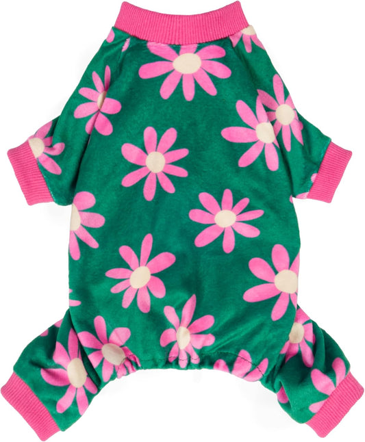 Fitwarm Flower Fleece Dog Pajamas, Warm Winter Dog Clothes for Small Dogs Girl, Cozy Pet Onesie with Feet, Dark Green, Large