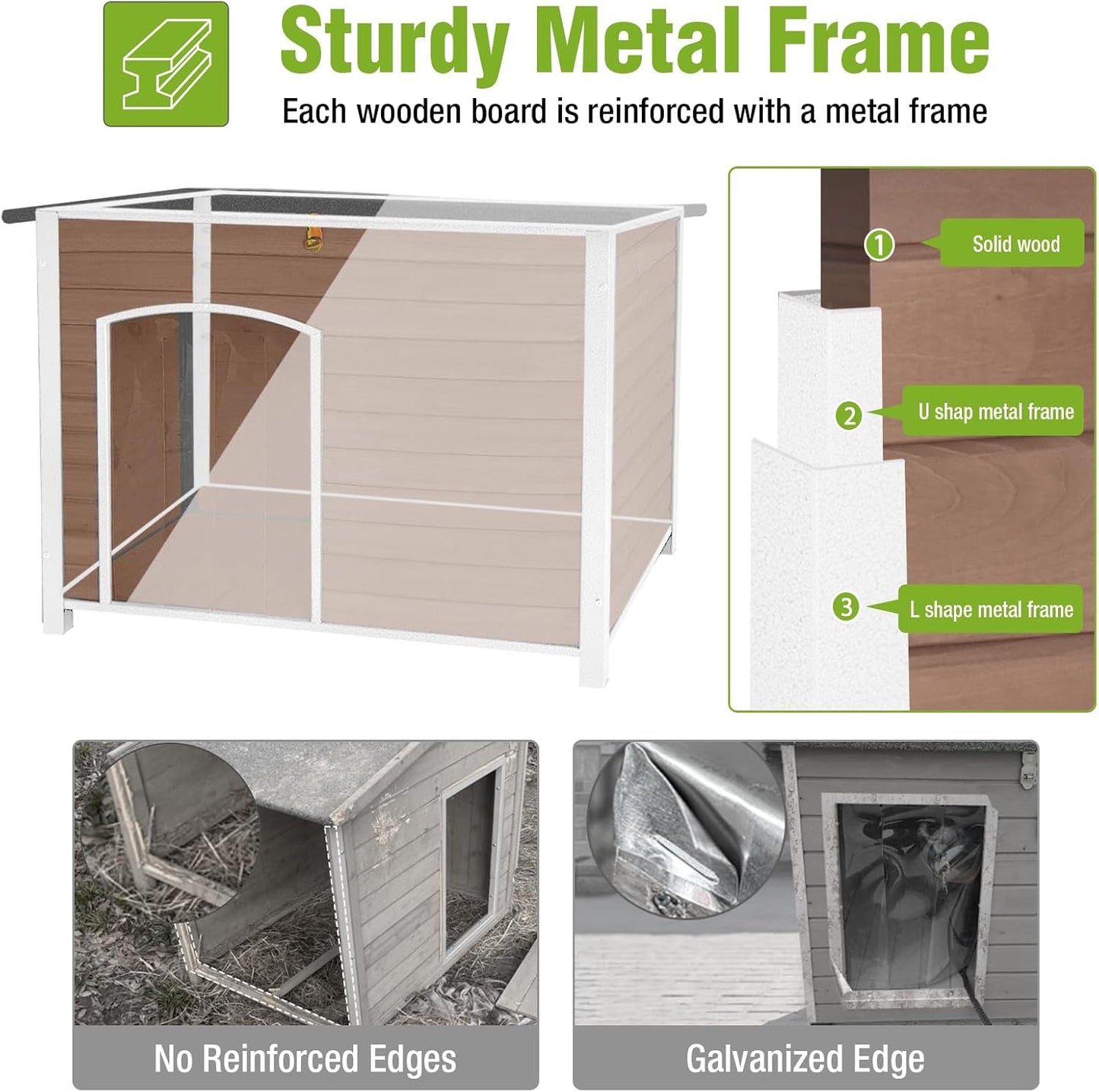 GUTINNEEN Dog House Outdoor Weatherproof with Anti-bite Metal Frame Large Indoor Wooden Dog Kennel for Medium to Large Dogs, 43.3" L × 29.4" W × 33.4" H