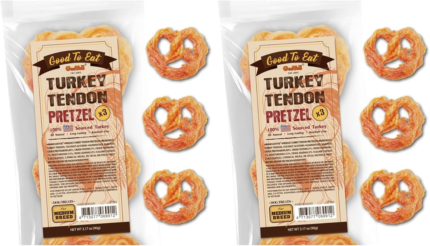 Gootoe Turkey Tendon Dog Treats, Pretzel (M) 3.17 oz, USA-Sourced Turkey Tendon, Natural Snack, Premium Puppy Chews, Hypoallergenic, Reseal Value Bags, Size for Medium Dogs (Pack of 2)
