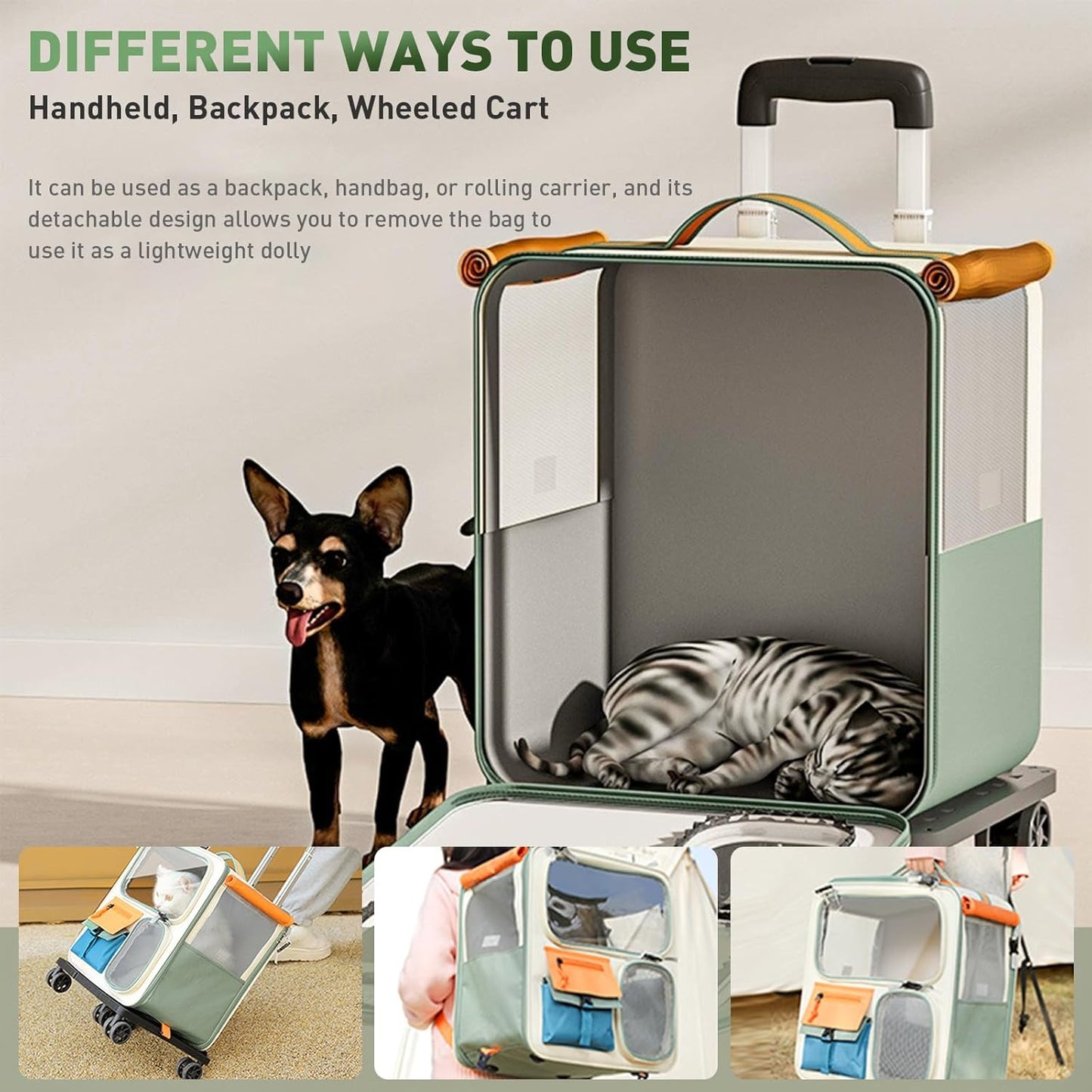 Cat Carrier with Wheels, Soft Rolling Pets Carrier Collapsible on Wheel Pet Handbag Cats Backpack, Dog Carriers up to 25 LBs Removable Cat Bag for Small Dogs Medium Cats Outing(NOT for TSA)