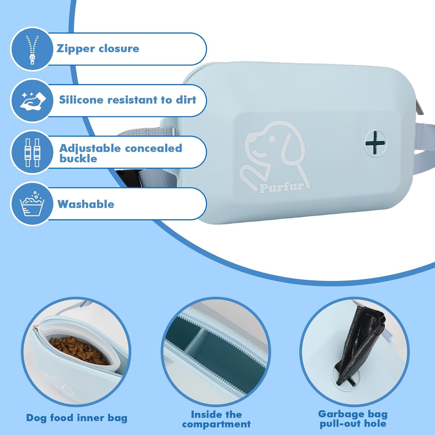 Dog Treat Pouch with Clicker & Poop Bag Holder – Waterproof Silicone, Adjustable Waist Belt for Training & Walking – Puppy Treat Pouch for Pet Training (Blue)