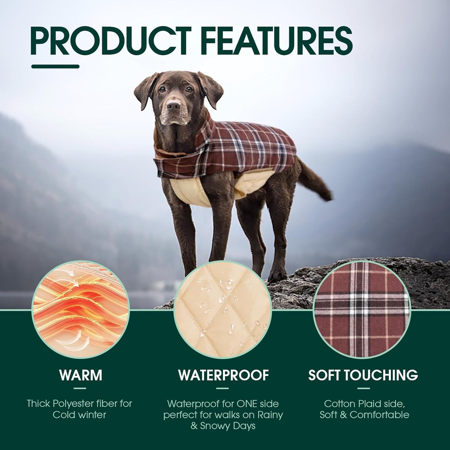Kuoser Warm Dog Coat, Waterproof Dog Jacket for Extra Large Dogs, Adjustable Durable XL Doggie Winter Coat Reversible Cozy Puppy Cold Weather Apparel from Small to Large Breed, Brown XL