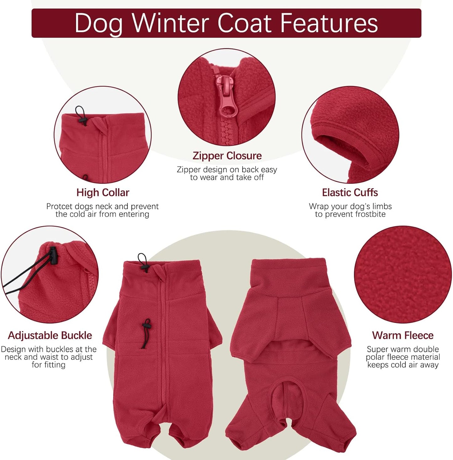 ROZKITCH Fleece Dog Jacket, Pet Windproof Warm Cold Weather Jacket Vest Cozy Jumpsuit Apparel Outfit Clothes for Large Giant Dog Walking Hiking Sleep Red 3XL