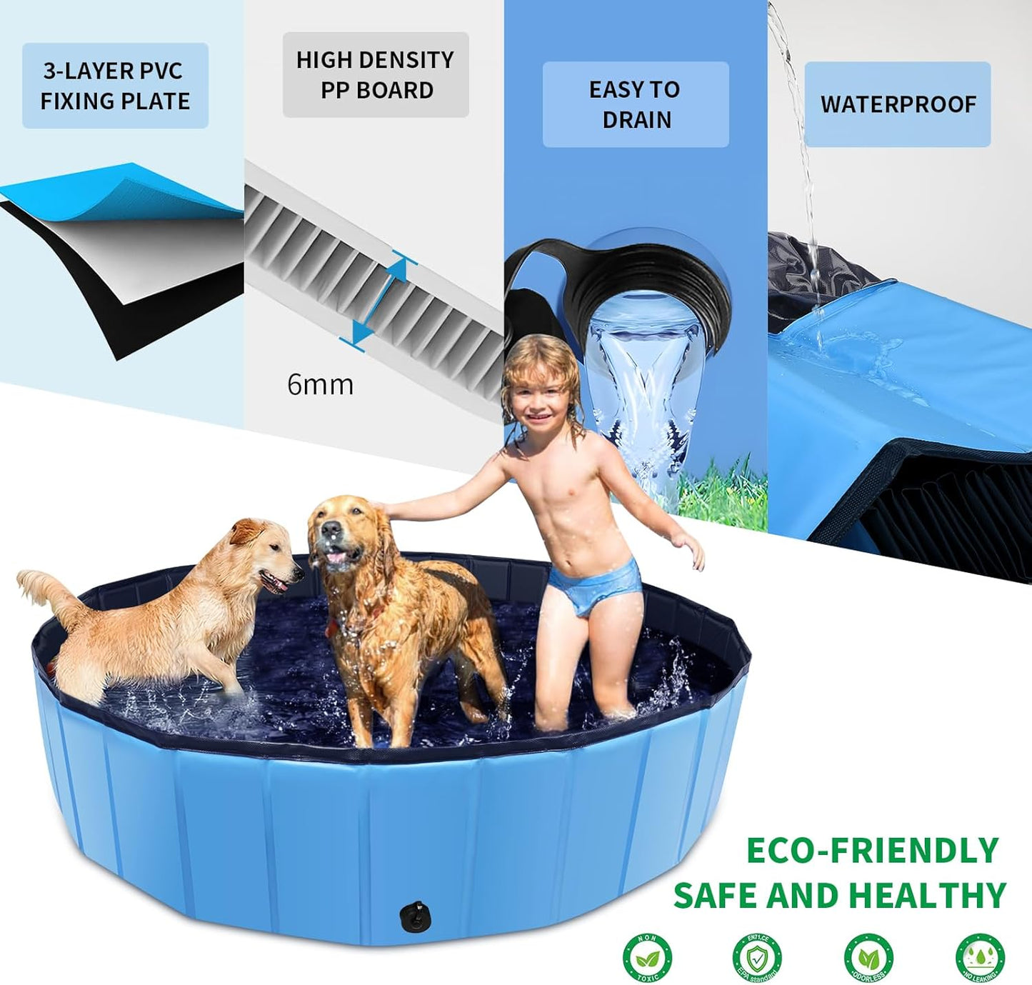 Foldable Dog Pool, 32" x 8" Kiddie Pool with Hard Plastic, Non-Slip Dog Bath Tub for Outdoor Backyard, Collapsible Dog Swimming Pool for Kids Dogs Pets (Blue)