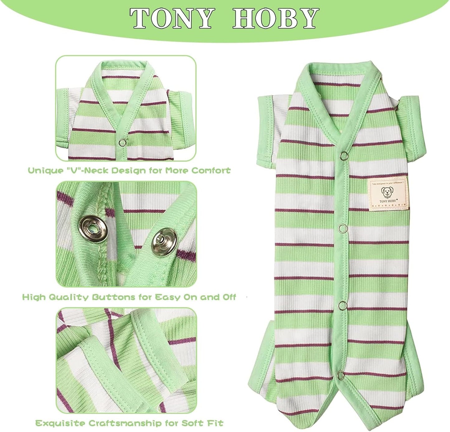 TONY HOBY Dog Pajamas, Male Dog Jumpsuit with Green Stripe, Dogs Clothes for Small Medium Size Dogs (Green&White, Boy, M)