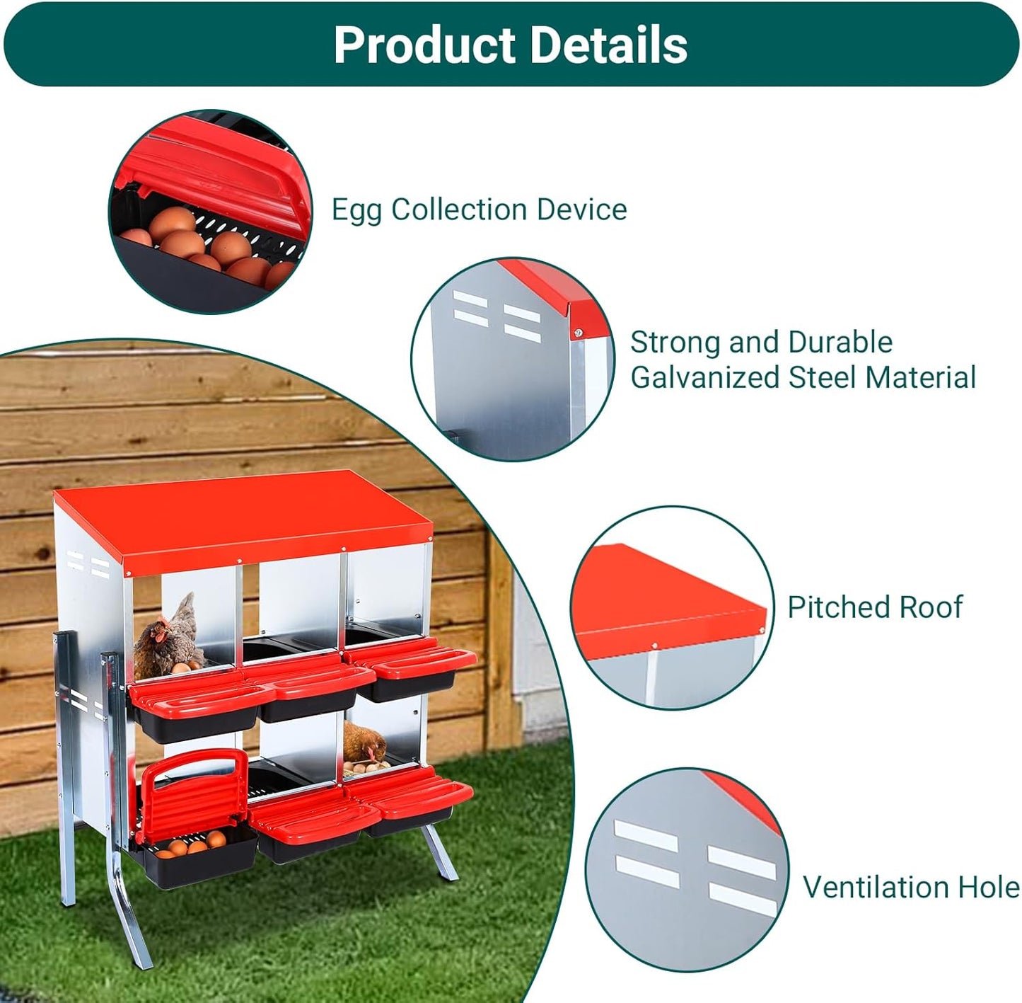 Chicken Nesting Box, 6 Hole 2 Layer Hen Nest Boxes with Legs, Roll Away Eggs Laying Boxes,Cleanable Pull Out Hen Roosting Boxes