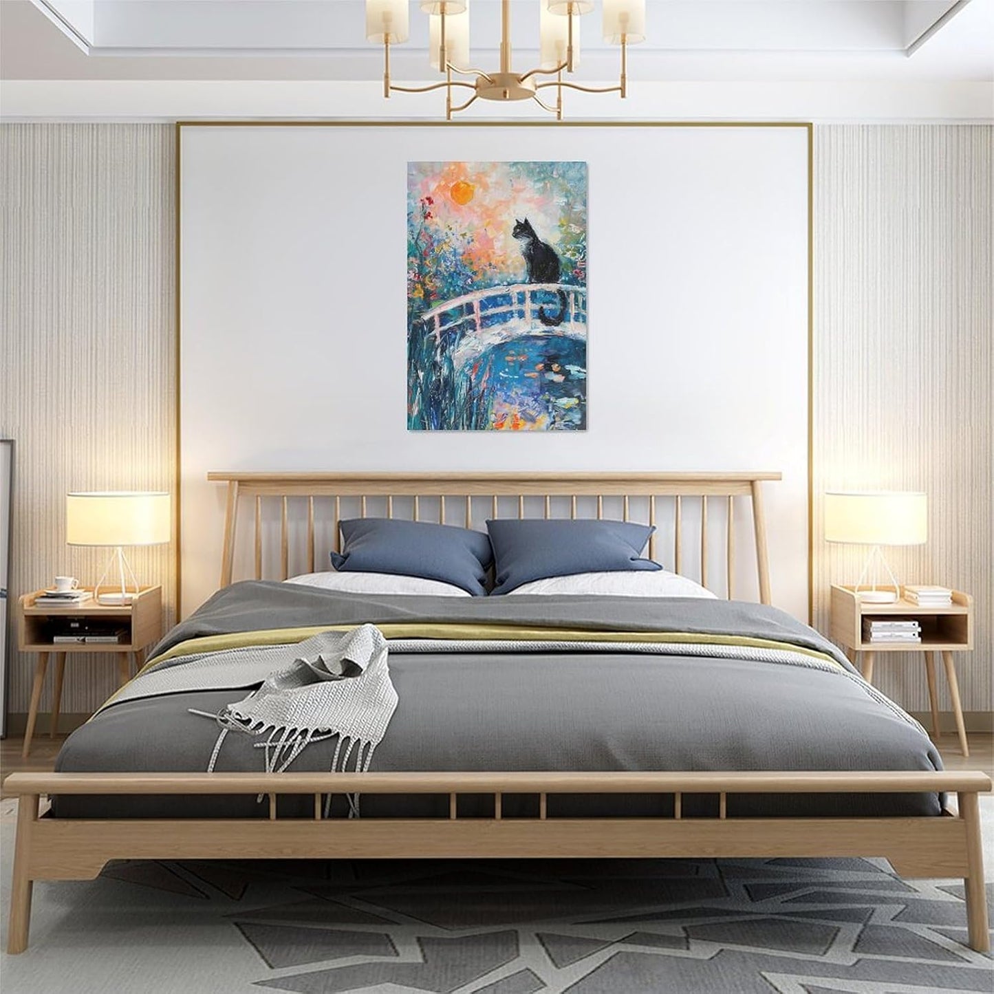 Quorin Black Cat Wall Art Water Lily Sunset Pictures Cat Wall Decor Impressionism Canvas Print Painting Artwork for Bathroom Living Room Bedroom 16"x24"