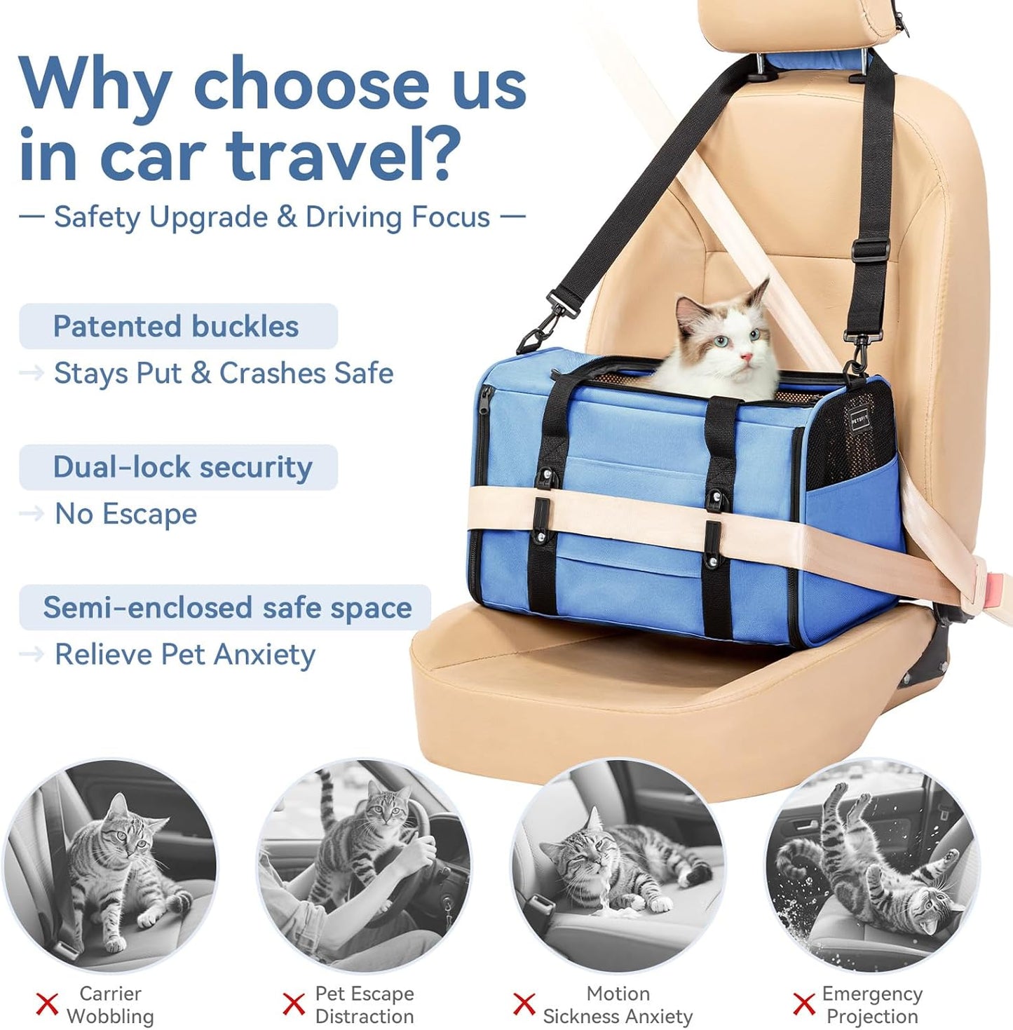 PETSFIT Soft-Sided Cat Carriers & Car Seats with Patent Safe Buckles, Clip-On Harness，18"x11"x11" Airline Approved Pet Carrier - 9 lbs Capacity (Blue)