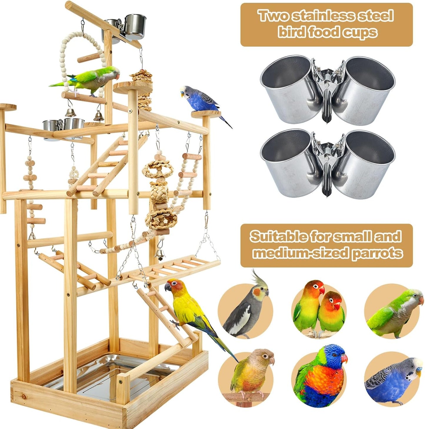 Bird Playground - Natural Wood Parrot Playstand with Perches, Bird Play Gym & Accessories, Removable Tray & 4 Stainless Steel Cups
