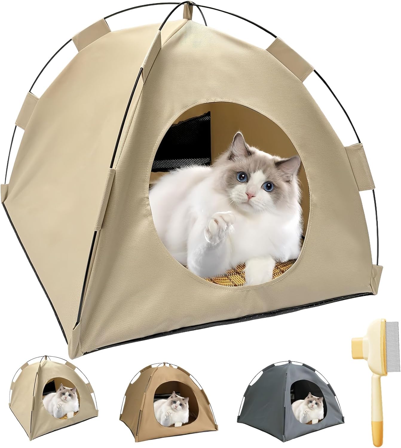 BreezyDen Pop-Up Pet Tent – Portable Hideaway for Cats & Small Dogs, Portable Indoor/Outdoor Pet Tent House with Mesh Window, Waterproof, Breathable, Scratch-Resistant, Fully Washable (Beige,L)