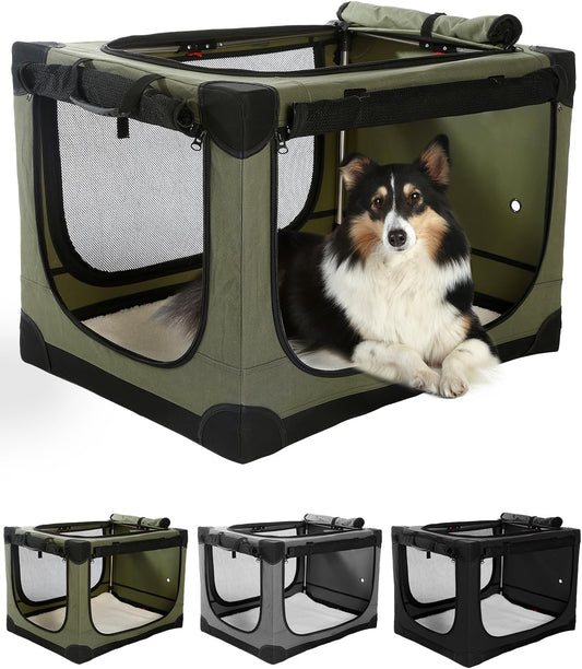 24 Inch Collapsible Travel Dog Crate for Medium Large Dogs, Portable Dog Crate 4-Door Foldable Soft Kennel with Durable Mesh Windows for Indoor & Outdoor Travel, with Storage Bag,Green