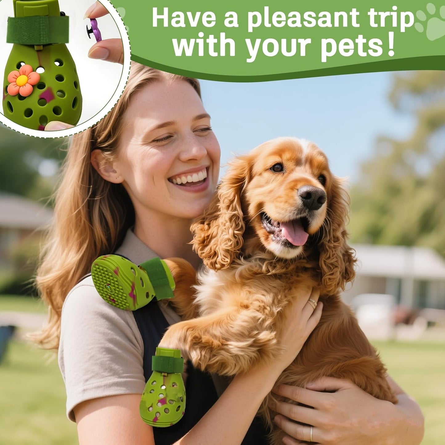 Dog Shoes for Hot Pavement, Adjustable Magic Tape Boots for Small, Medium & Large Dogs, Anti-Slip, Easy to Clean Paw Protectors for Beach, Outdoor & Hot Weather (Green L)