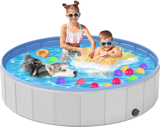 Portable Dog Pool PVC Pet Swimming Hard Plastic Pool Bathtub Collapsible Dog Poo for Pets to Swim and Bath (XL-63"x 12" Light Grey)
