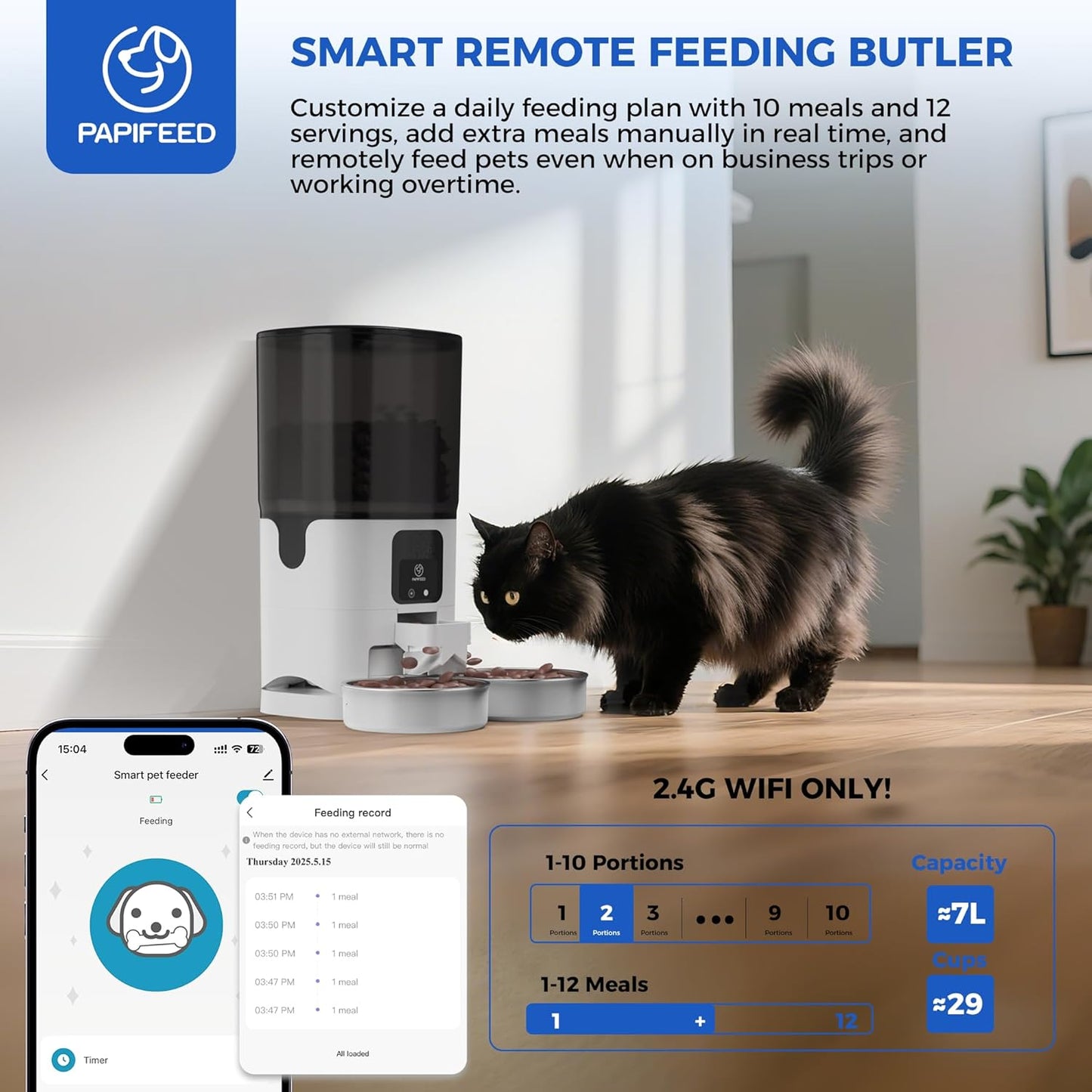 PAPIFEED 7L Automatic Cat Feeders for 2 Cats - 2.4G WiFi Timed Auto Feeder with APP Control, Cat Food Dispenser with Alexa for Multiple Cats, Detachable for Easy Clean, 1-10 Meals Per Day - White