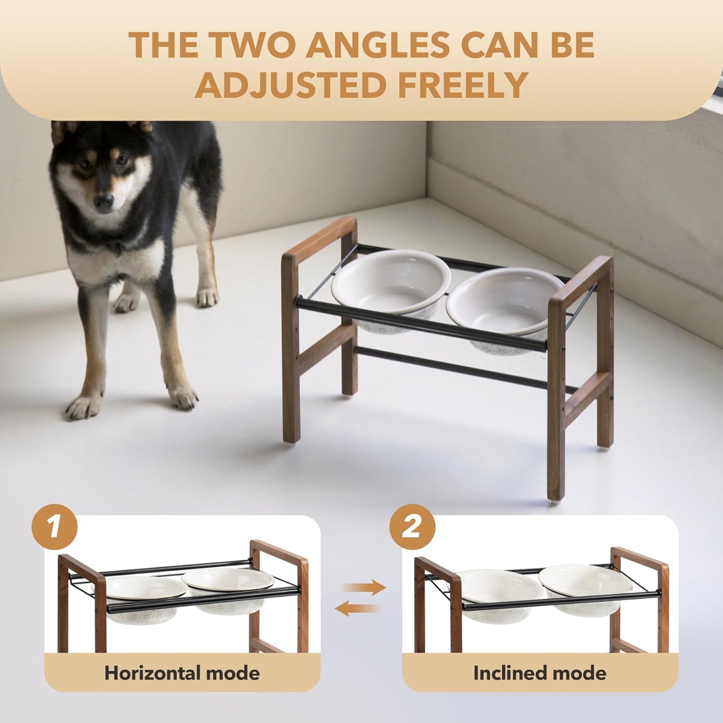 7.1inch Ceramic Adjustable Raised Double Bowls Set with Stand, 3 Heights Elevated, 2 Placement Options,Food and Water Bowls for Medium and Large Dog(Reactived Glaze -White)