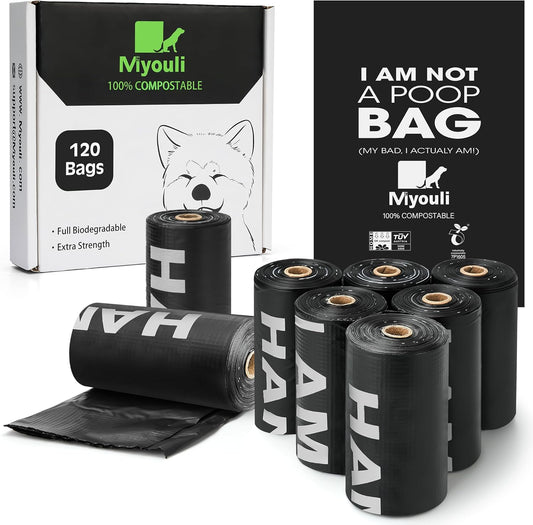 100% Certified Compostable Dog Poop Bag Rolls, 120 Bags (8 Rolls) Eco-Friendly Poop Bags for Dogs, Leak Proof Unscented Easy Open Poop Waste Bag（Black）