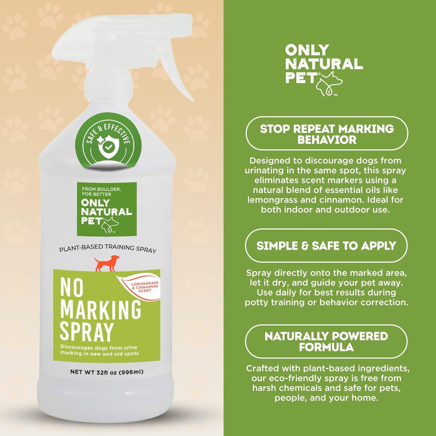 ONLY NATURAL PET No Marking Deterrent Spray for Dogs – Indoor Outdoor Urine Prevention - Stain & Odor Eliminator - Potty Pet Training Aid to Deter Peeing or Marking Carpet or Furniture – 32 Fl Oz