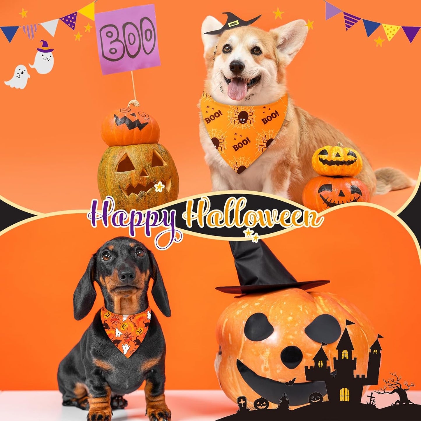 Weewooday 50 Pcs Halloween Dog Bandanas Bulk Pumpkin Ghost Bandanas for Dogs Soft Triangle Bibs Adjustable Triangle for Small Medium Large Pets Halloween Party Costume(25.6 x 17.7 x 17.7 inch)