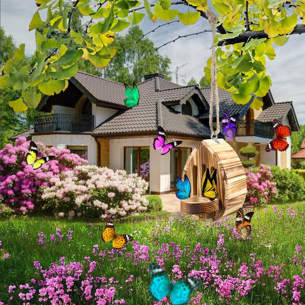 Picowe Wooden Butterfly House - Natural Habitat Nesting Box With Feeder for Butterflies, Bees, Ladybirds - Hanging Garden House for Outside, Open Door