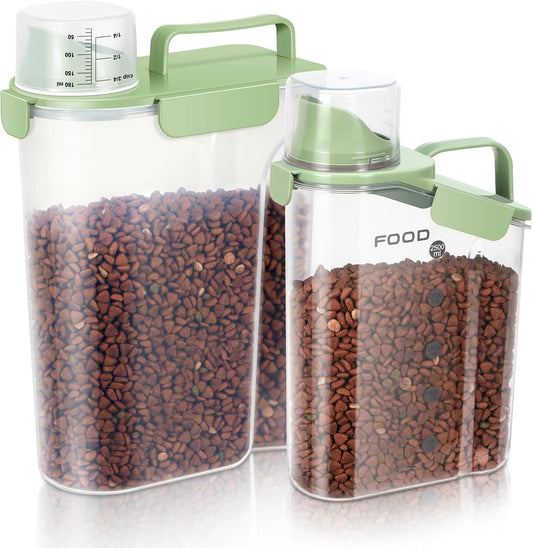 8-12 LBS Cat Dog Pet Food Storage Container, Plastic Dispenser Upgraded Large Nozzle, BPA-free, With Sealed Clasps, Measuring Cup and Handle, Easy to Clean and Carry -2 Packs Leaf Green