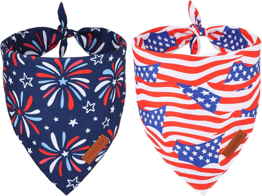 PTDECOR American Flag Dog Bandana 4th of July Dog Scarf Reversible Red Blue Patriotic Bandanas for Medium Large Dogs Pets (Blue & Red, Large)