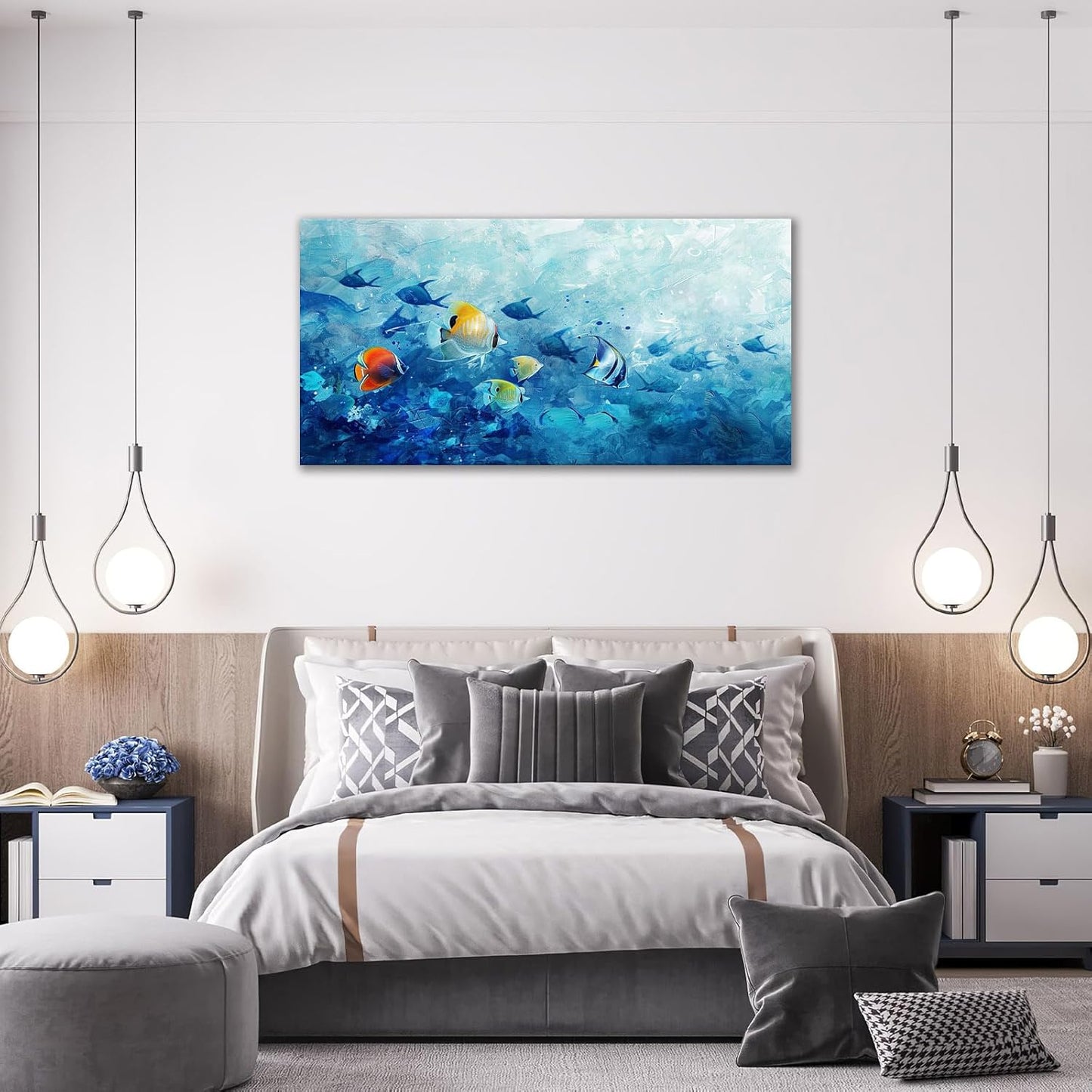 Extra Large Wall Art Tropical Fish Canvas Living Room Pictures Framed Prints Ocean Blue Oversize Wall Decor Animal Painting Artwork for Bedroom Dining Office Home 60"x30"
