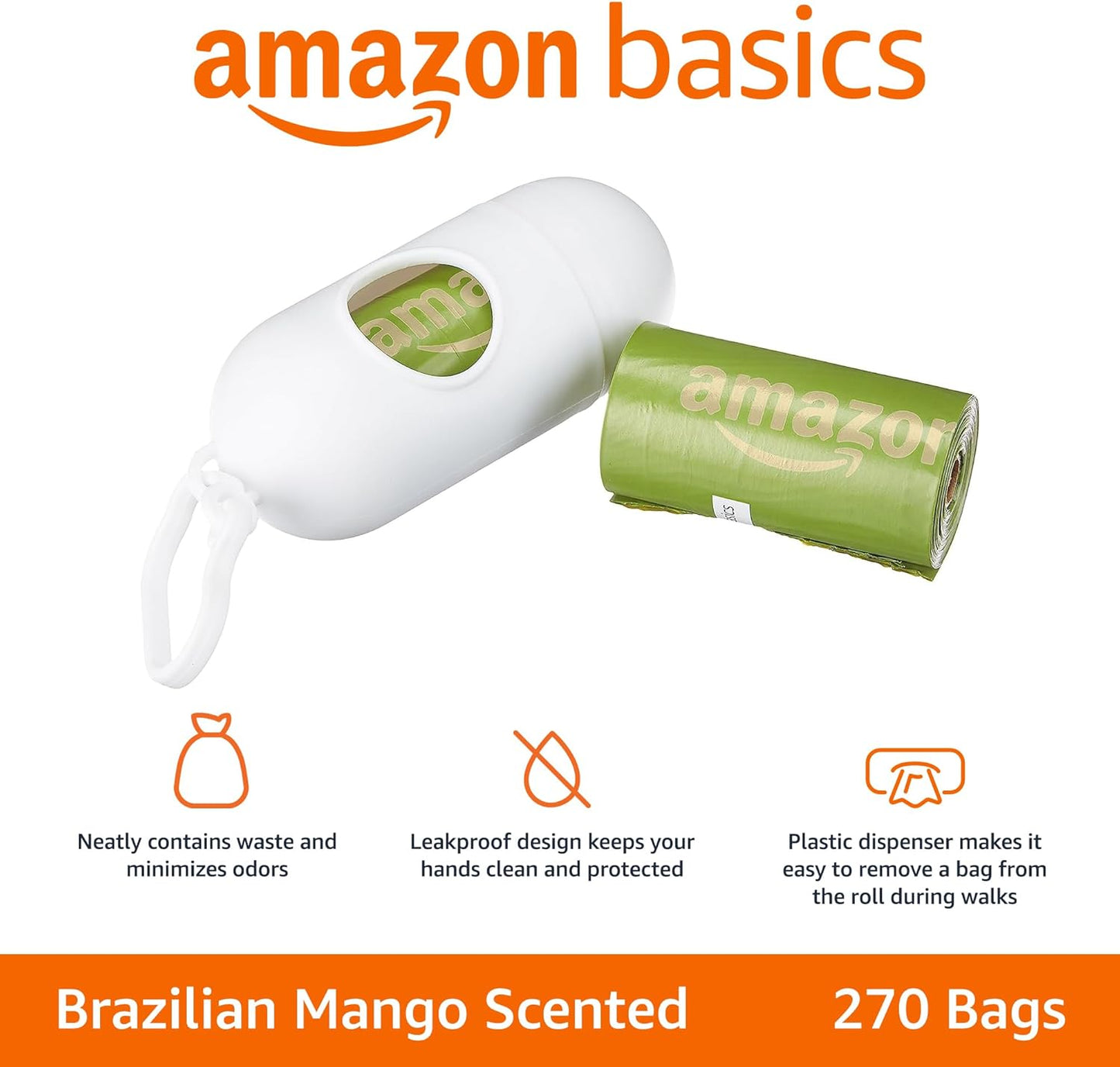 Amazon Basics Dog Poop Bags with Dispenser, 270 Count, Enhanced for Guaranteed Leakproof, Brazilian Mango Scented, Includes Leash Clip