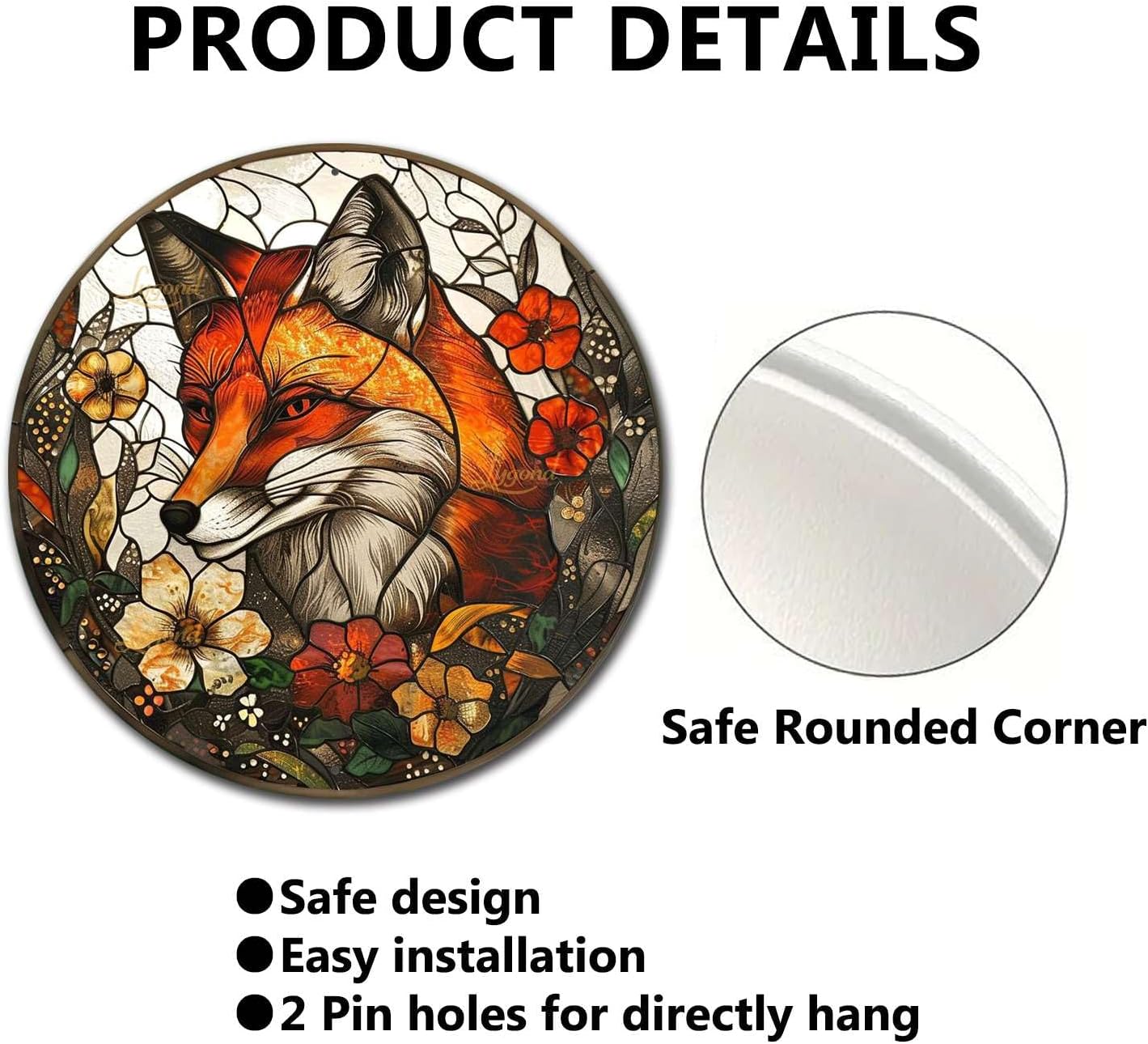 Lygond Metal Sign Tin Sign Circular Stained Glass Fox Garden Sign for Garage 12×12 Inches