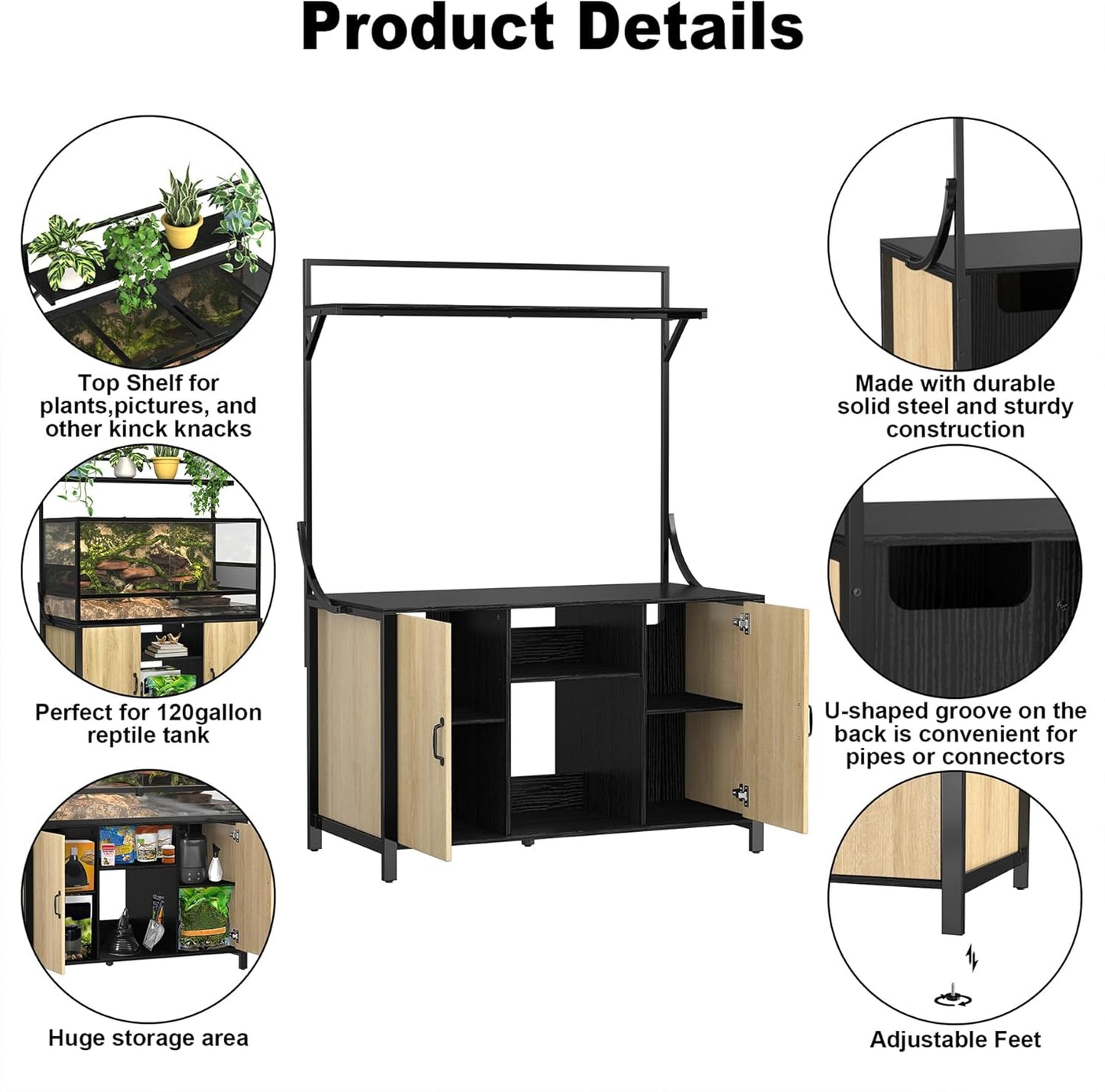 GDLF Reptile Tank Stand Terrarium Stand with Cabinet for Accessories Storage 48" X 24" Tabletop Fits up to 120 Gallon Bearded Dragon, Reptile Terrarium,Turtle Tank,Natural Wood Color