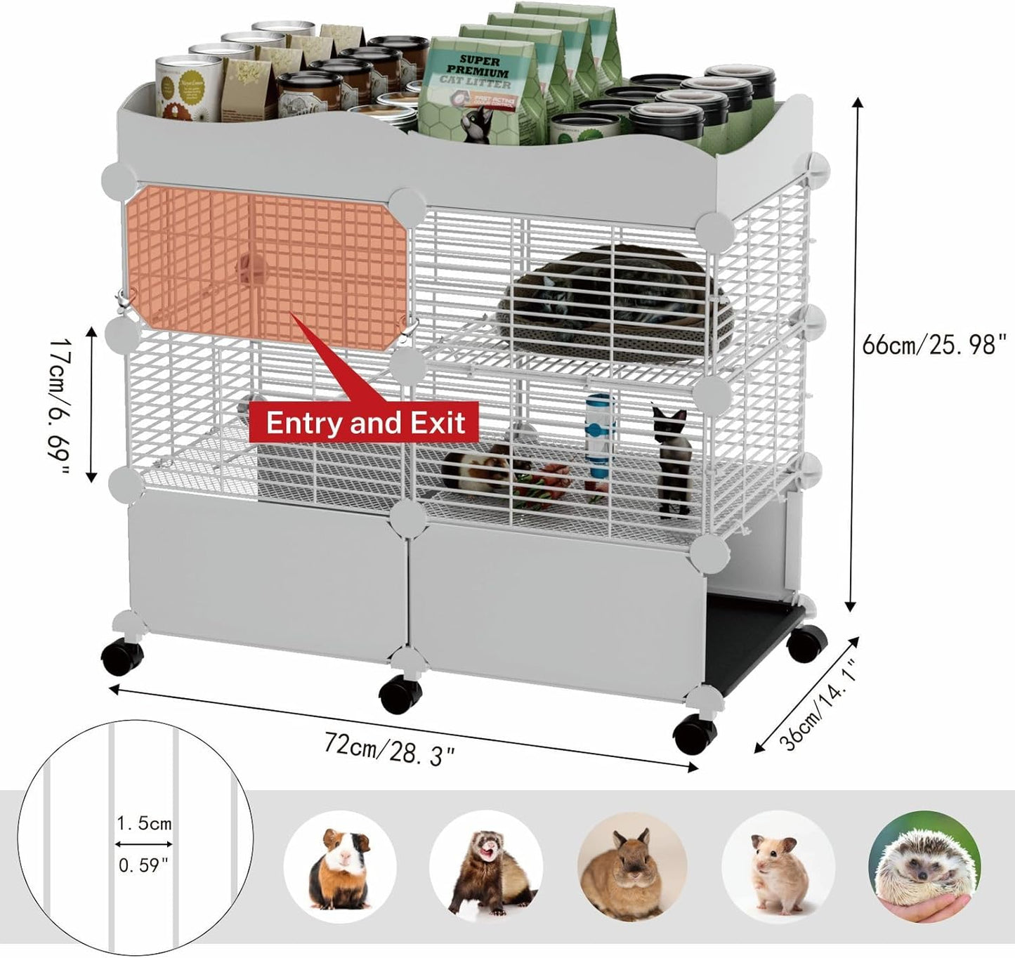 Small Guinea Pig Cages Indoor, C&C Chinchilla Rat Cage Rabbit House on Wheels with Tray