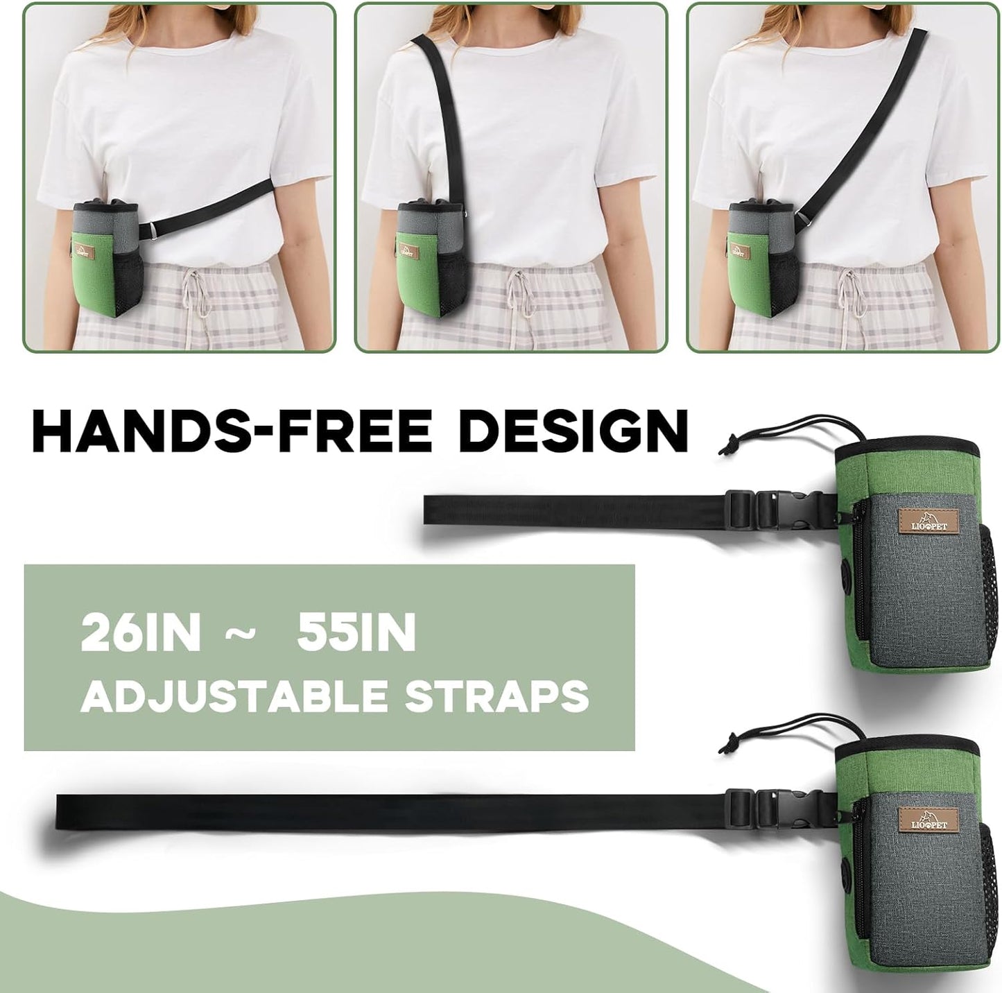 Upgraded large-sized Dog Treat Pouch with waist clip - Fashionable Green&Grey Design - Large Capacity Dog Treat Bag for Dog Walks,Outdoor Activities, Travel and Training - Includes 1 Poop Bags
