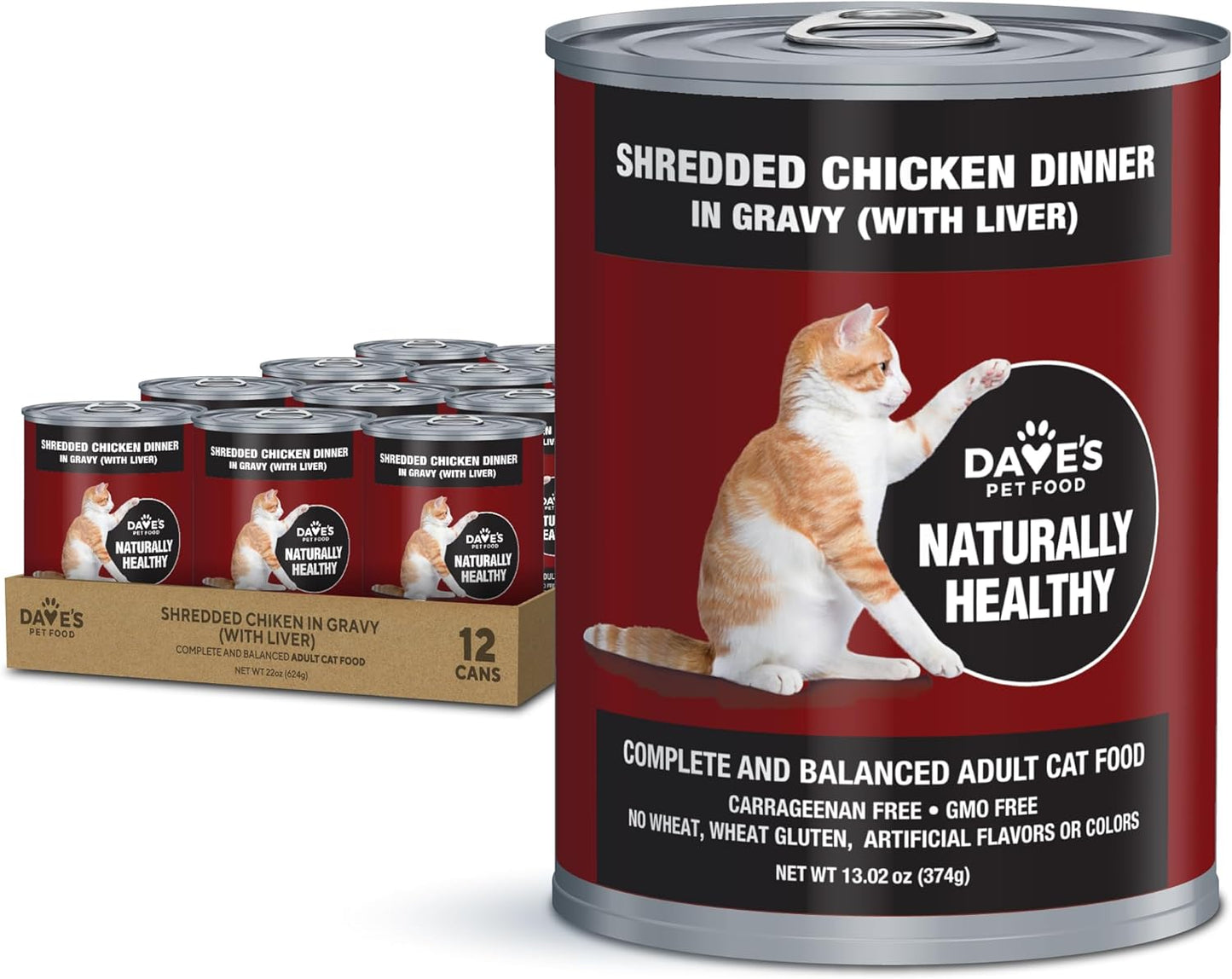 Dave's Pet Food Grain Free Wet Cat Food (Shredded Chicken in Gravy), Made in Canada Naturally Healthy Canned Cat Food, 13.2 oz (12 Pack)
